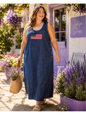 Sunshine Apparel Sleeveless Blue Denim Jumper American Flag Maxi Dress Plus 2X